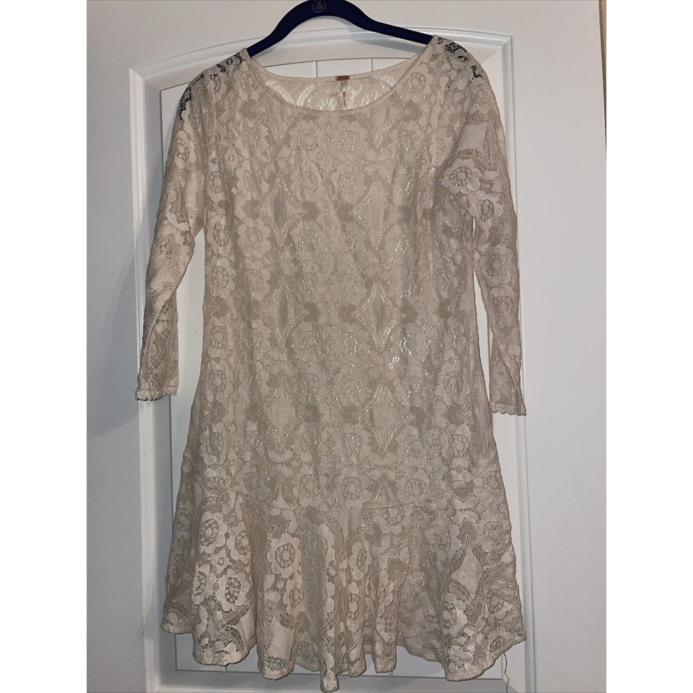 Free People Dress Sheer Lace Transparent flare Ivory long sleeve 2 women floral